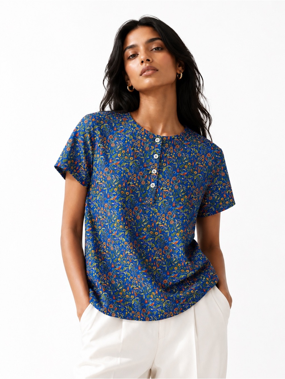 A.P.C. Spring Summer 2018 Tropical Floral Bird Print Relaxed Blouse Blue Crew Sm - Picture 2 of 11